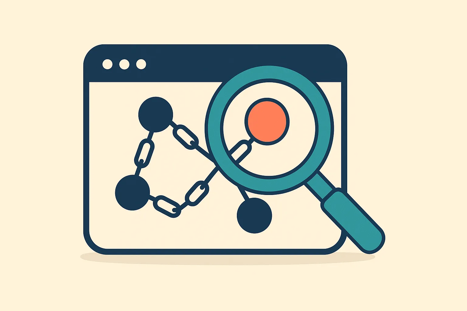 Magnifying glass inspecting a network of linked nodes on a browser dashboard, representing checking backlinks in Google Search Console