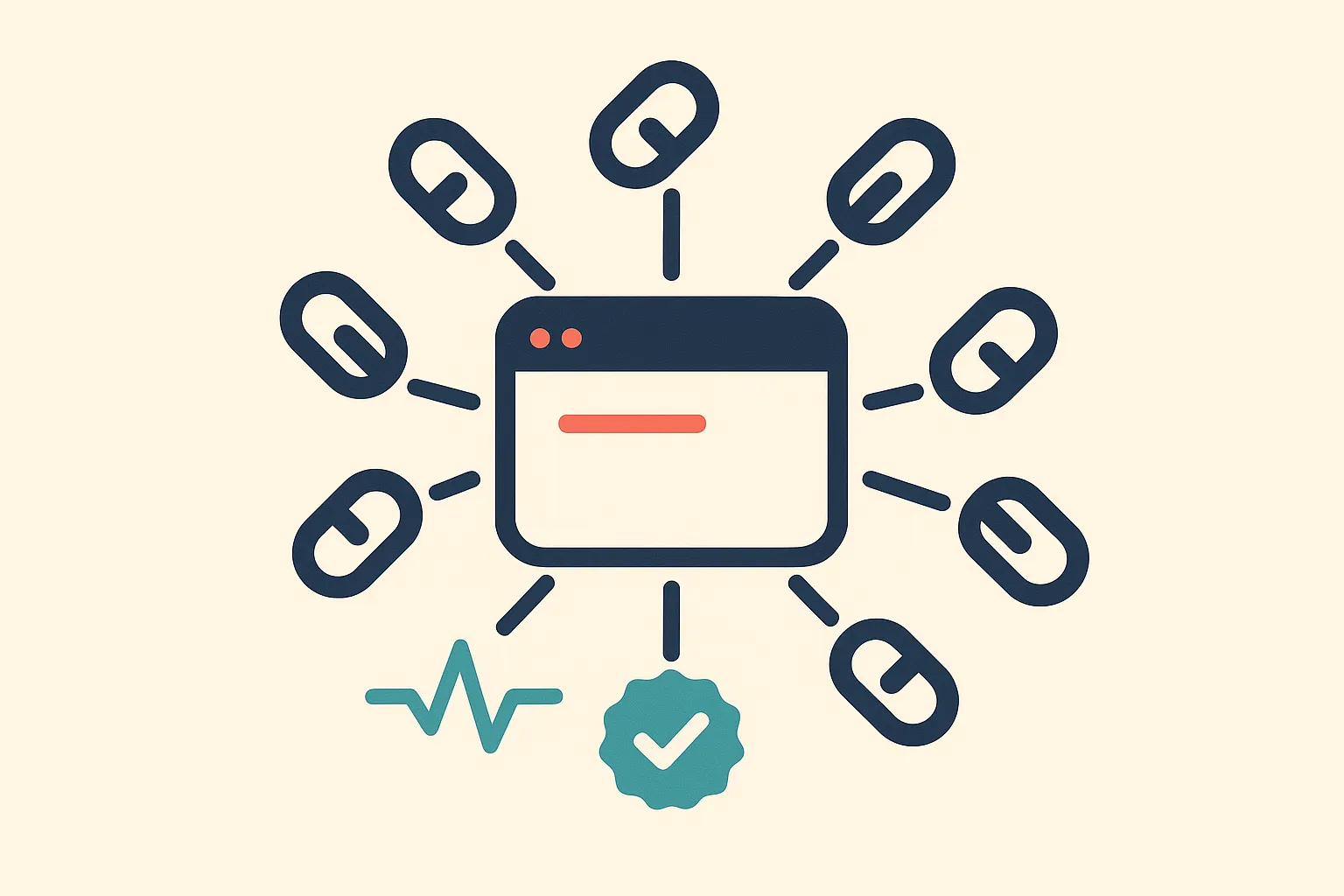 Illustration of a website with a balanced network of backlinks and a health check badge