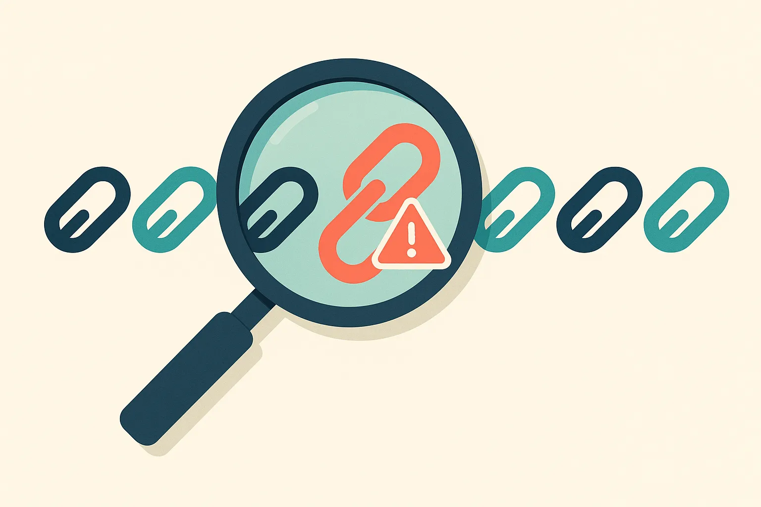 Magnifying glass inspecting backlinks with one toxic link flagged by a warning sign