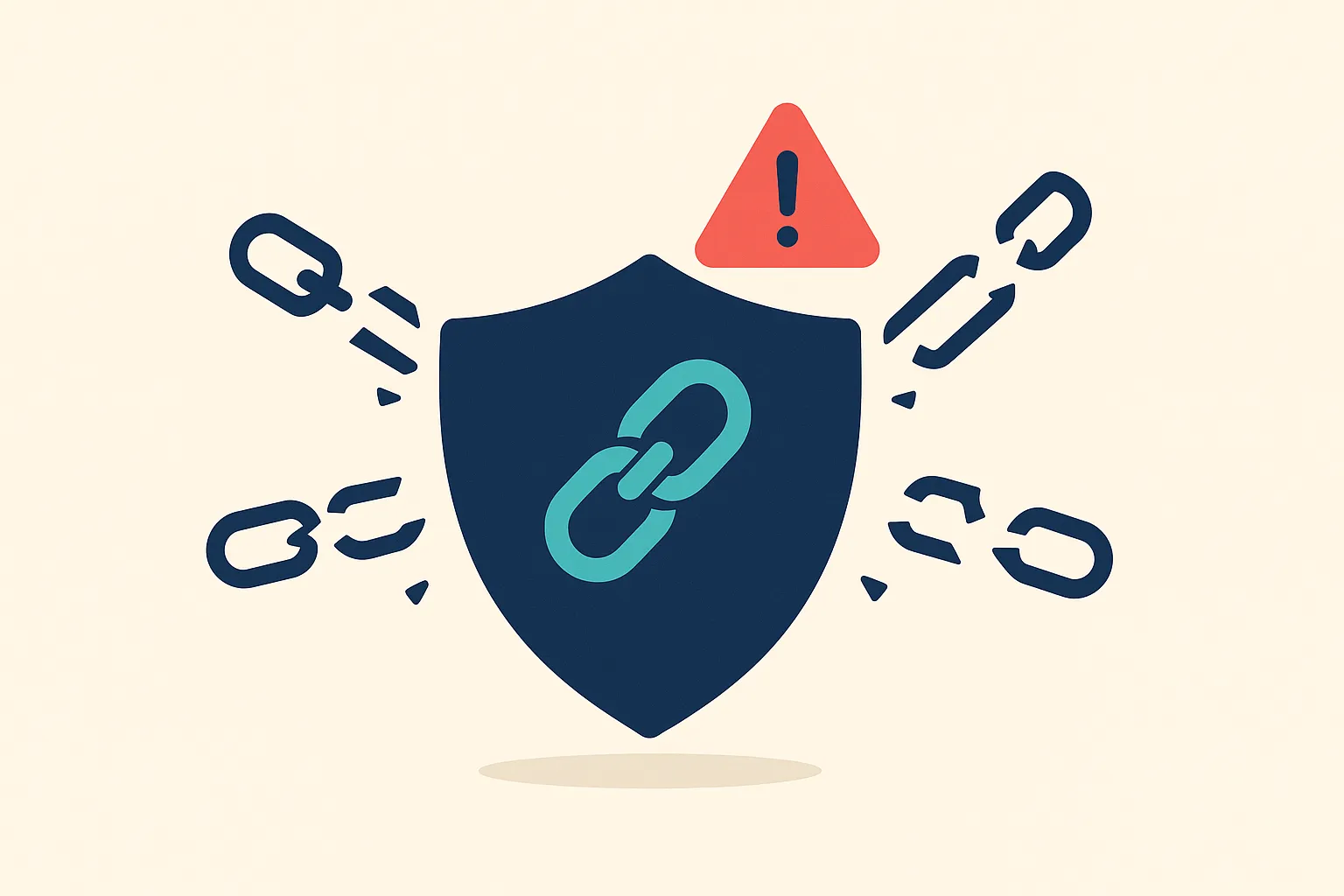 Navy shield with a chain-link emblem deflecting broken backlink fragments beside a warning symbol, representing defending against a negative SEO backlink attack
