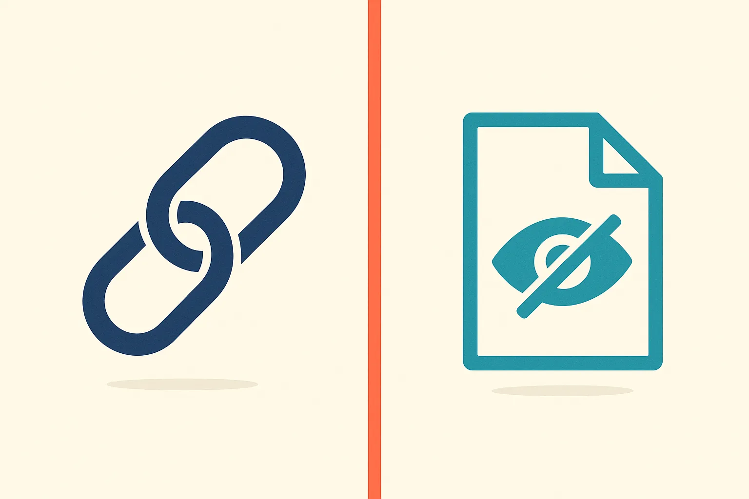 A chain-link icon beside a document with a crossed-out eye, representing the difference between nofollow links and noindex pages